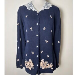 Herman Geist VTG Embroidered Cardigan Sweater‎ L Cottage Floral Coquette Lace